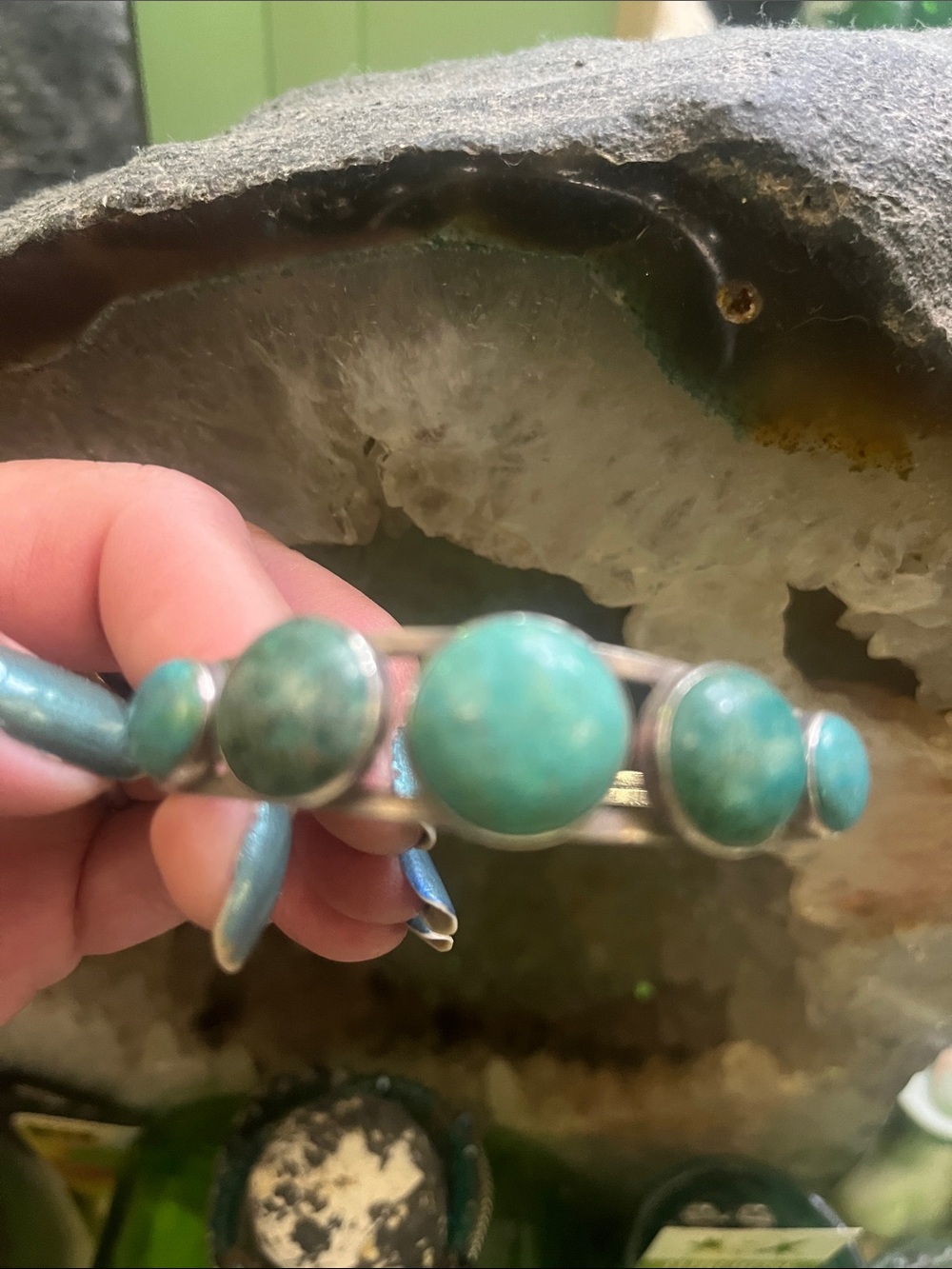 Turquoise Stone Silver Cuff Bracelet - Blue-Green Jewelry